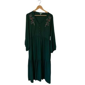 April Cornell Embroidered Floral Long Sleeve Green Midi Maxi Dress Size W2 4X